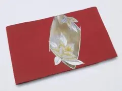 名古屋帯 太鼓柄 化繊 状態良い 光沢のある深い赤色