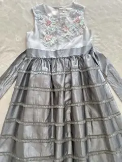 パニエ付き ドレス 発表会 グレー 花 刺繍 ラインストーン パール 豪華