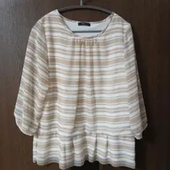 COMME CA ISM ストライプ 五分袖チュニック ベージュ・ホワイト