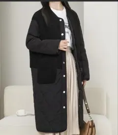 新品　ノーカラー ボア　ドッキング　ポケット付き キルティングコート