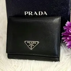 極上美品⭐️ PRADA プラダ 三つ折り財布 サフィアーノ ブラック 三角ロゴ