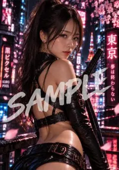 AI美女 サイバーパンク 女侍 黒衣装 L判写真 高画質 AIアート