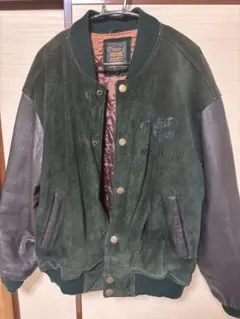 90s　スタジャン　レザージャケット　緑　黒　 刺繍　牛革　Fサイズ