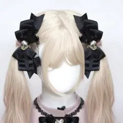 ハートクロスリボンチャイン　黒銀色ヘアピン2個セット　量産系　地雷系　やみかわ