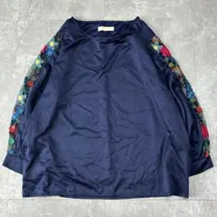 【希少3L】Y2K 花柄刺繍 袖シースルー ブラウス ネイビー 大きいサイズ