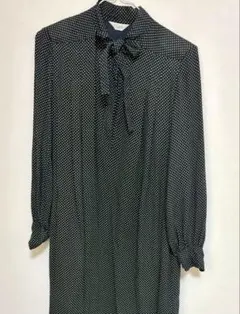 長袖ワンピース　リボン付きドット柄　古着　レトロ　日本製