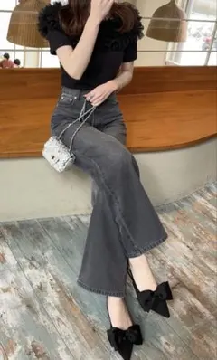 グレー ブーツカットデニム ハイウエスト