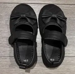 【美品】リボン付き ブラックフォーマルシューズ キルティング　16.0cm