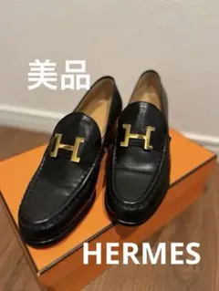 美品✨】HERMES Hロゴ ローファー ブラック ゴールド金具 ヒール 