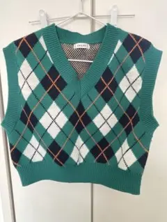 アーガイル柄 グリーン ニットベスト M