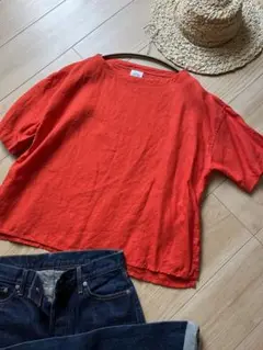 超美品　オーシバル　オーチバル　リネン　赤　真っ赤　朱色　麻　しなやか　ブラウス