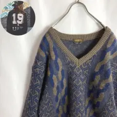 古着 総柄 Vネックセーターアルパカ混 モノグラム柄 ネイビー 茶色 L