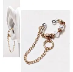 土日１５％OFF☃　パールグラス×ゴールドチェーン✵イヤーカフ