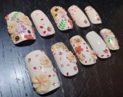 ネイルチップ 結婚式 和装 成人式 和柄 桜 金箔 立体フラワーのサムネイル