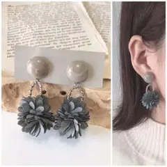 スエードFlower ブルーグレーリング　ピアス イヤリング
