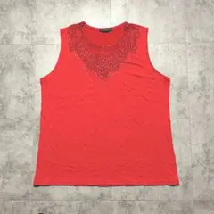 【フラワーレース装飾】 ビジュー付きノースリーブ 赤トップス ゆったりM〜L