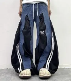 【希少】トラックパンツ　デニムパンツ　再構築 リメイクデニムパンツ