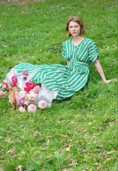 24ss ヌキテパ コットン ボイル ストライプ ウエスト ギャザー ワンピース