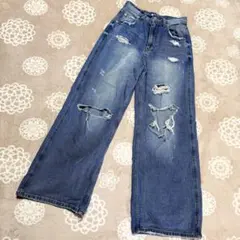 ダメージデザイン ワイドレッグデニム BAYFLOW