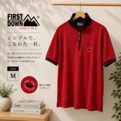 FIRST DOWN 半袖ハーフジップ M レッド 刺繍ロゴのサムネイル