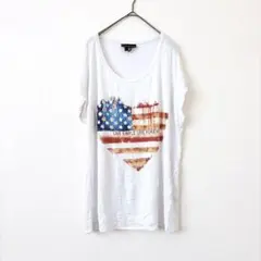 JEANSBYBUFFALO アメリカ国旗 Tシャツ ハート【L】ホワイト 半袖