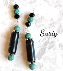 グリーンマラカイト×ブラックチューブ　ピアス＊イヤリング