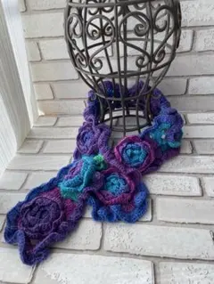 【ハンドメイド】モチーフ編み☆グラニースクエア☆マフラー☆薔薇(1129)B