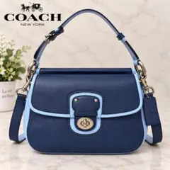 COACH コーチ 本革 2WAY ショルダーバッグ ネイビー×ライトブルー
