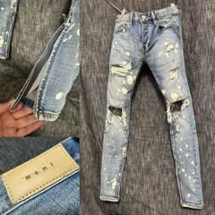 mnml ブリーチ　裾ジップ　スキニーデニム　ジーンズ　インディゴ　ダメージ加工