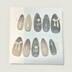 【セール中】グレージュ × くまちゃん＆リボン　大人かわいいニュアンスネイル
