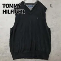 トミーヒルフィガー メンズコットンニットベスト L Vネック 黒【6847】