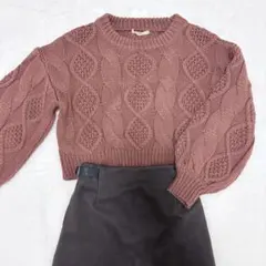 Emsexcite ピンクブラウン クロップドニット ケーブル編み