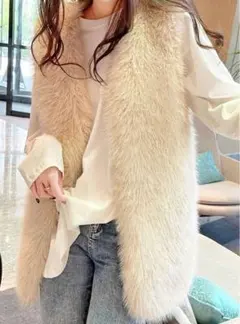 ベージュファーロングベストファーベスト ベスト フェイクファーベスト