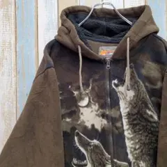 HA132☆フリースジャケット☆ジップアップパーカー☆アニマル☆オオカミ☆XL