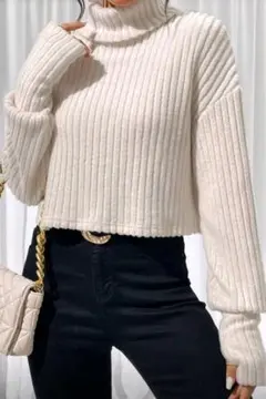 アイボリー リブ編み タートルネック セーター クロップド丈 S