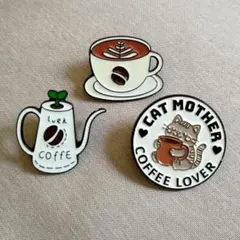 猫とコーヒーのブローチ ピンバッジ新品セット COFFEE LOVER