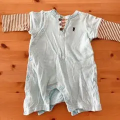 ミキハウス　水色ロンパース ストライプ袖 クマ刺繍