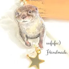 手描き　コツメカワウソさんと　革タグの　サージカルステンレス　ネックレス