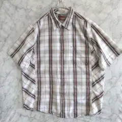17　LOST　半袖シャツ　L　薄肌色　チェック柄　スナップ　US古着