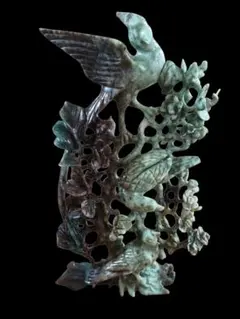 19世紀 清朝末 希少】古翡翠 青林檎 ピーマン 蓋物 台付 2点セット