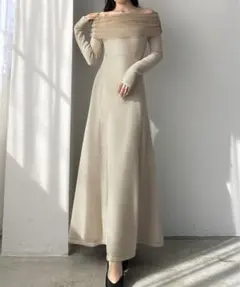 【新品未使用】Louere チュールオフショルフレアニットワンピース