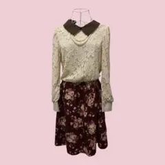 AxesFemme レース長袖花柄ひざ丈ワンピース