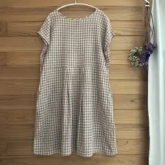 ピンクベージュチェック 半袖Aラインワンピース