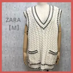 ZARA 【M】 ケーブルニット ベスト Vネック アイボリーのサムネイル