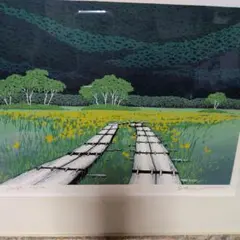 風景画 リトグラフ版画 青いフレーム付き額