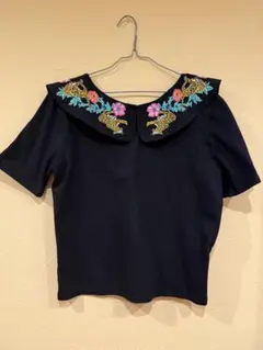 ZARA 刺繍 襟付きトップス ブラック L 花刺繍 付け襟デザイン タグ付き