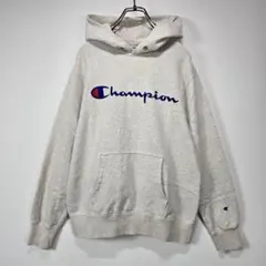 Champion　フーディー　パーカー　S　ビッグロゴ　刺繍　杢グレー　古着