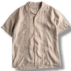 90s 古着 リネン オープンカラーシャツ 開襟シャツ ハイビスカス柄 ベージュのサムネイル