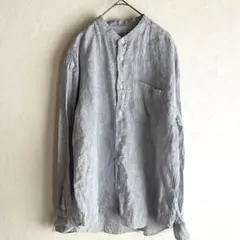 未使用級✨MUJI リネン スタンドカラー 長袖シャツ ブルーストライプ M