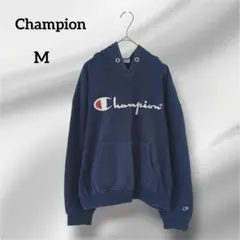Champion フード付きパーカー　ロゴ　ネイビー　M